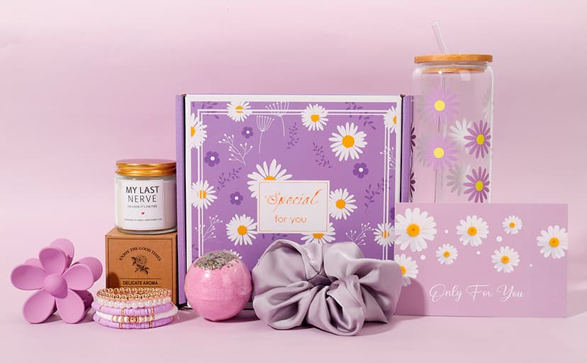 Birthday Gifts for Women Friendship, Teen Girls, Girls, Unique Cute Birthday Gift Box For Girl, Her, Sister, Daughter, Friends, Ideas Cute Daisy Aesthetic Glass Cups Gifts Set (Purple)