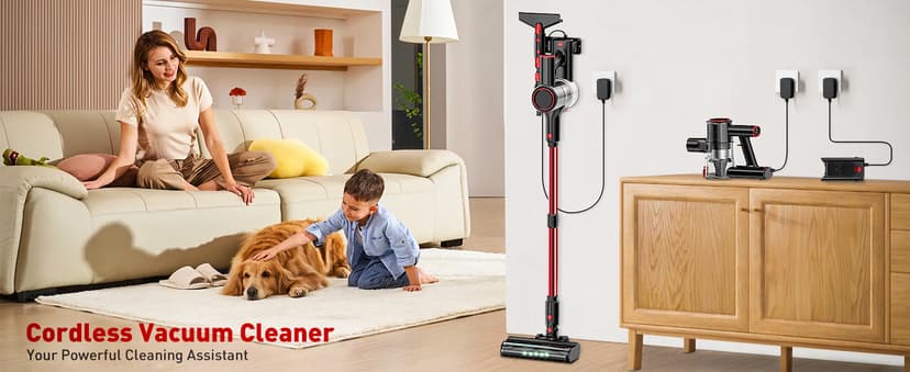 Cordless Vacuum Cleaner, 45KPA 8-in-1 Vacuum Cleaners for Home, 50Mins Runtime, Anti-Tangle Stick Vacuum with LED Display, Rechargeable Lightweight Vacuum for Pet Hair/Carpet/Floor (Red) (Red)
