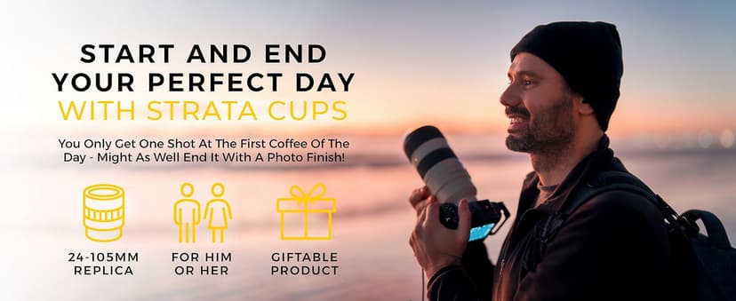 STRATA CUPS Camera Lens Coffee Mug -13.5oz | (2 LIDS + SPOON + BAG) Gift for Him, Dad Gifts, Photography, Camera accessories, Novelty Gifts