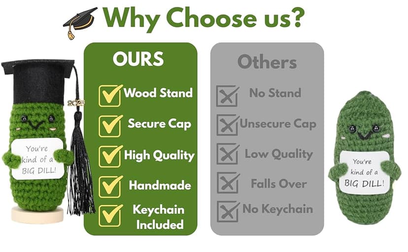 Graduation Gifts 2025 – Big Dill Crochet Pickle with Stand & Keychain | Handmade Grad Gift for High School, College, University, Nurses, PhD. Gifts for Her