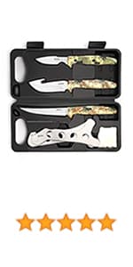 GVDV Hunting Knife Set - 14 Pieces, Portable Butcher Game Processing Kit for Men, Field Dressing Kit with Gut Hook Skinner Knife, Caping knife, Axe, Wood/Bone Saw, Spreader, Gloves, Gifts for Men