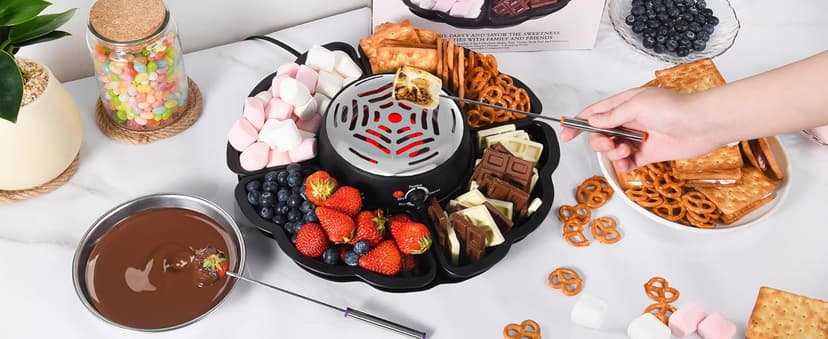 2 in 1 Electric S’mores Maker & Fondue Pot, Tabletop Indoor Smores kit with 4 Roasting Forks, 4 Detachable Trays & 1 Flameless Temperature-controlled Heater, Movie Night Supplies & Housewarming Gifts