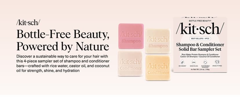 Kitsch Shampoo and Conditioner Set - 4pc Sampler Bars with Rice Water Shampoo and Conditioner, Castor Oil Shampoo & Coconut Oil Conditioner - Bottle-Free Beauty for Hair Growth, Repair & Moisture