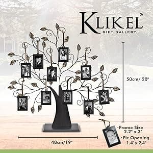 Klikel Family Tree Picture Frame Display with 10 Hanging Picture Photo Frames | Large 20 x 18 Metal Tree | 10 Ornamental 2x3 Frames