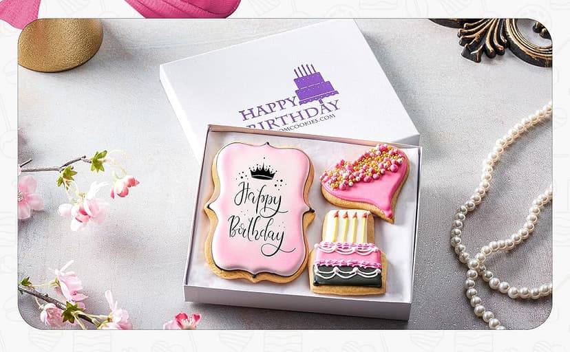 Happy Birthday Gift Basket Custom Sugar Cookies - Happy Birthday Cookies in Gift Box, Hand Decorated Kosher Treats for Women, Her, Wife - Bakery & Dessert Gifts as a Birthday Cake