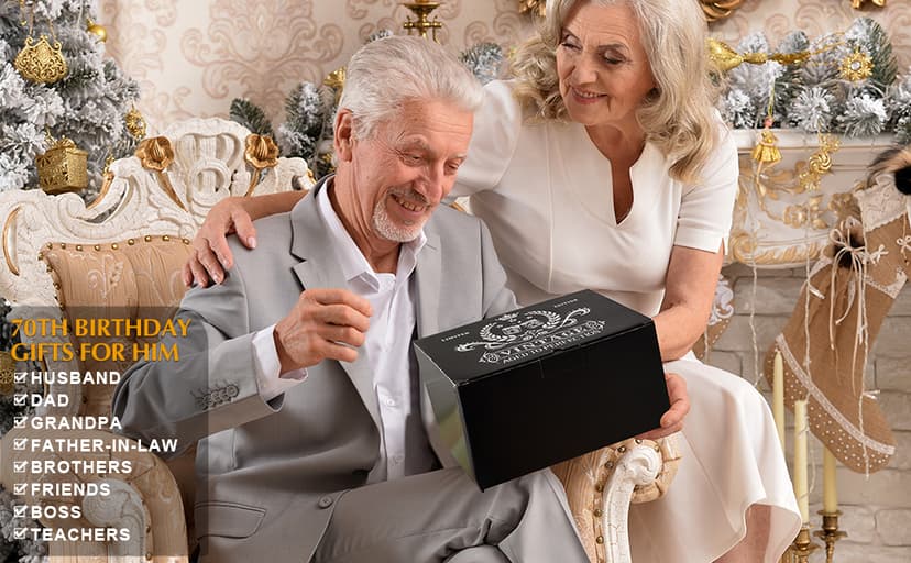 70th Birthday Gifts for Men Whiskey Glass Set, 70th Birthday Party Supplies with 11 Oz Whiskey Glass Coaster Stone Baseball Cap Apron Sock Funny Toilet Paper Keychain for Him, Dad, Husband, Friends