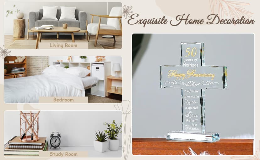 YWHL 50th Wedding Anniversary Religious Cross Gifts for Women Men, 50 Year Anniversary Romantic Gift for Him Her, Laser Engraved Glass Standing Cross Keepsake for Couple, 50 Years of Marriage Present