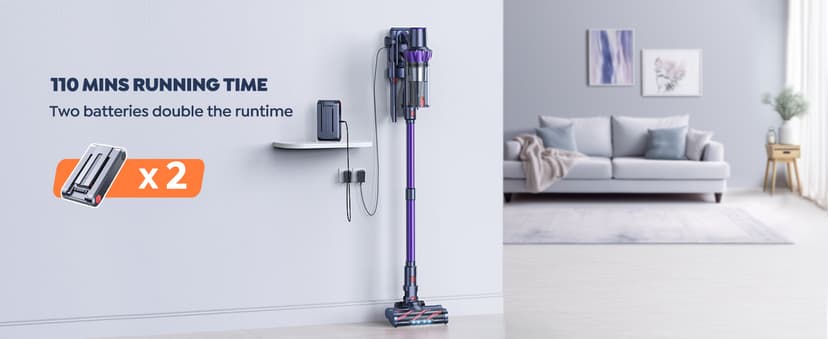 Cordless Vacuum Cleaner, 2 Batteries 110 Mins Runtime Vacuum Cleaners for Home, 45KPA 550W Stick Vacuum with Brushless Motor, Automatically Adjust Suction, Handheld Vacuum for Pet Hair/Carpet/Floor