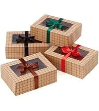 Brown Kraft Cookie Boxes with Ribbons & Window (20 Pack) 8.3 x 6 x 2.8” Food Grade Cardboard Bakery Gift Boxes for Christmas Gift Giving, Baked Goods, Candy Treats, Decorative Holiday Packaging, Empty