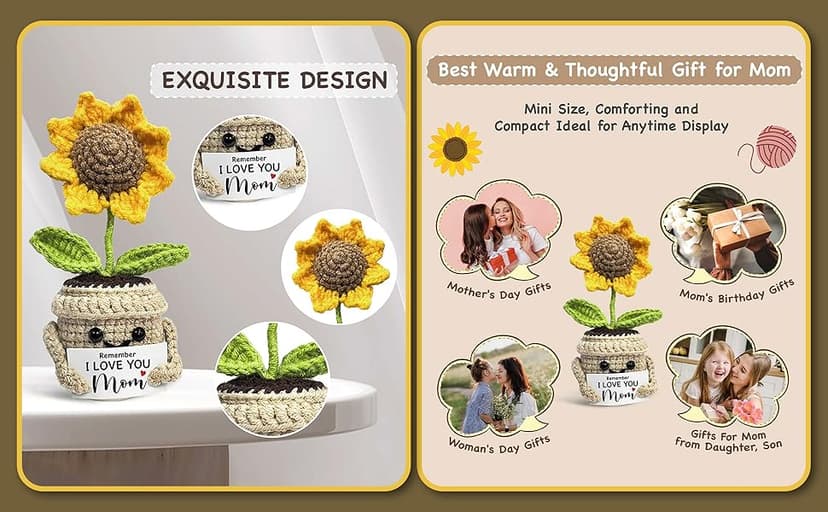 Mini Birthday Gifts for Mom, Mom Gifts from Daughters Remember I Love You MOM, Handmade Crochet Cute Small Sunflower Gifts, Gift for Mom from Daughter, Son, Mothers Day for Mom