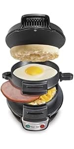 Hamilton Beach Dual Breakfast Sandwich Maker with Timer, Ready in 5 Minutes, Removable Dishwasher Safe PFAS-Free Non-Stick Egg Cooker Ring, Silver (25490MNA)