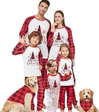 Awoscut Christmas Family Matching Pajamas Sets Christmas PJ's Letter Print Top and Plaid Pants Jammies Sleepwear
