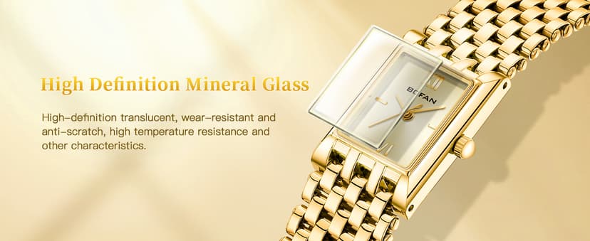 BOFAN Gold Watches for Women Luxury Ladies Quartz Wrist Watch with Stainless Steel Bracelet,Waterproof,Casual Fashion Square Dial.Band Adjustment Tool Included