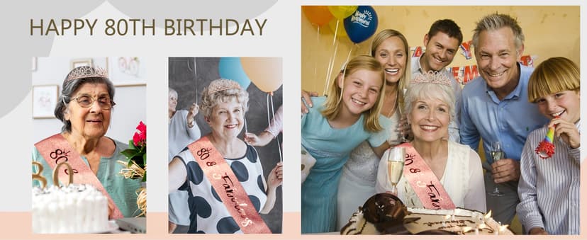 CIEHER 80th Birthday Crown + Sash + Pearl Pin Set, Elegant Gift for Women's 80th Birthday Party Decorations