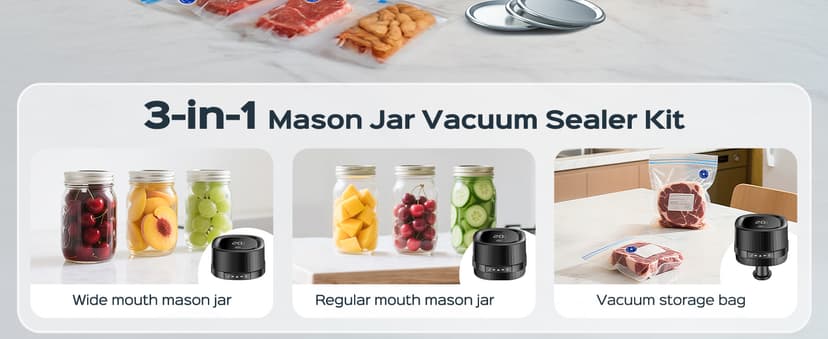 ZIWEO Mason Jar Vacuum Sealer Kit for Wide Mouth and Regular Mouth Mason Jars, Electric Vacuum Sealer with Suction Nozzle, 10 Lids and 1 Vacuum Bag, Compact and Auto Stop Design