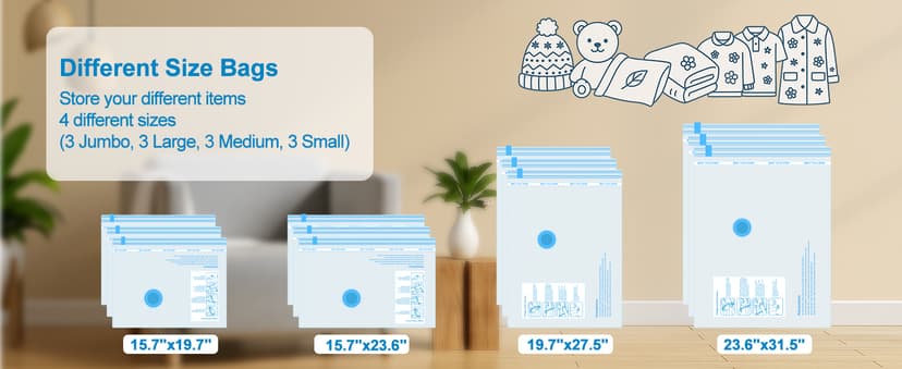 Vacuum Seal Bags for Clothing Travel, 12 Pack Vacuum Storage Bags for Clothes with Portable Electric Pump, Space Saver Bags for Luggage Traveling and Clothing