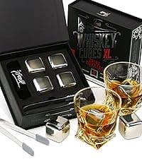 Gifts for Him - Men Dad Husband - 4 XL Stainless Steel Whisky Ice Balls, Special Tongs & Freezer Pouch in Luxury Gift Box for Whiskey Lovers!