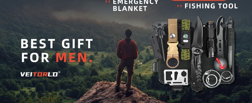 VEITORLD Gifts for Men Dad Him Christmas - Survival Gear and Equipment 12 in 1, Survival Kits - Cool Unique Fishing Hunting Birthday Gifts for Husband Teen Boy Boyfriend Women, Mens Stocking Stuffers