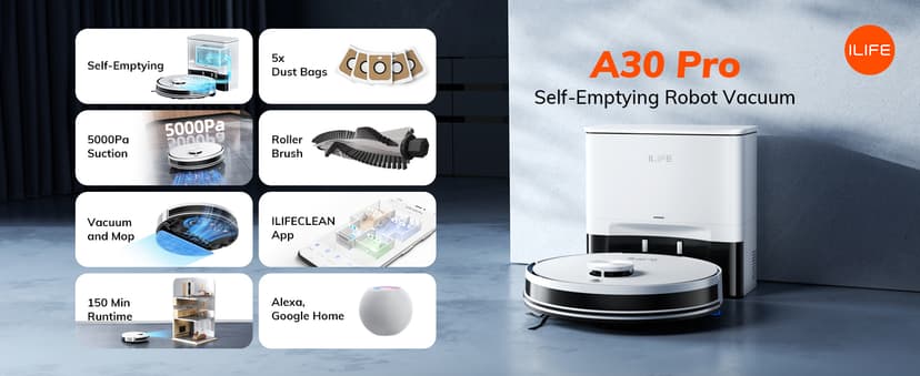 ILIFE A30 Pro Robot Vacuum and Mop, Self Emptying Station for 60 Days, 5000Pa Suction, LiDAR Navigation, No-Go Zones, 2.4G WiFi/App/Alexa/Remote Control, Roller Brush for Carpet, Hard Floors, 110V