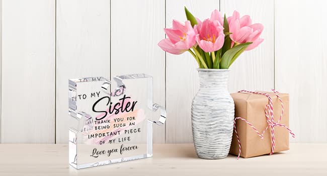 LukieJac Sister Gifts from Sister - Unique Sister Birthday Acrylic Puzzle-Shaped Plaque Desk Decorations Present for Sister Thanksgiving Christmas Wedding from Sister Brother