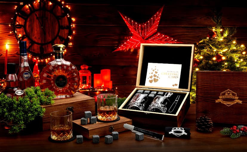 Whiskey Stones Gift Set - Whiskey Glass Set of 2 - Granite Chilling Whiskey Rocks - Scotch Bourbon Box Set -Father's Day Birthday Gifts for Men Drinking Gift for Dad Him Husband Party Holiday Present