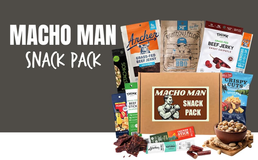 Macho Man Snack Pack Jerky Gift Box - High Protein Snacks for Men, Curated Beef Jerky Assortment Gift Box for Men, Husband, Dad, Boyfriend, Low Carb Keto
