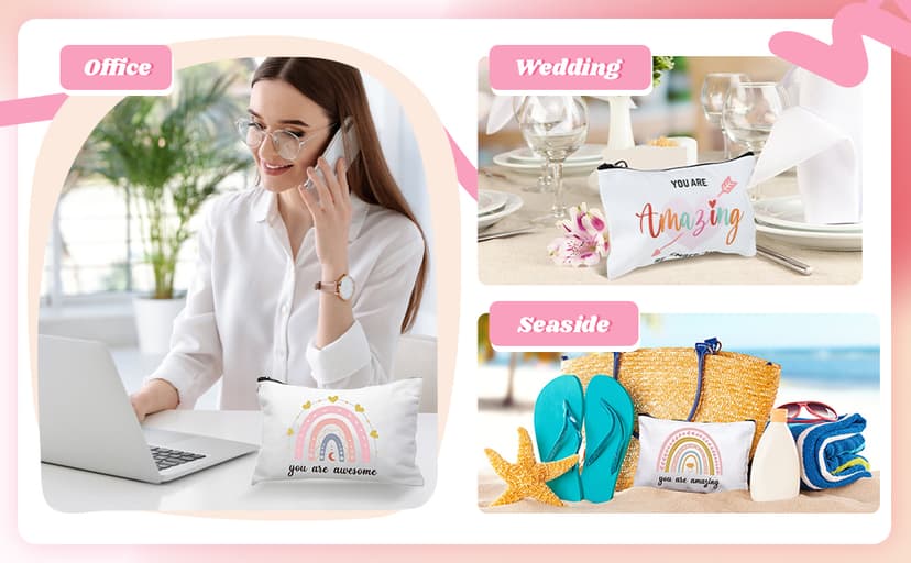 Chunful 10 Pieces Inspirational Canvas Makeup Bags for Women Graduation Gift Rainbow Canvas Cosmetic Bags Bulk with Zipper Friendship Gift Travel Toiletry Pouch(Moon Style)