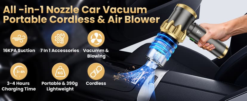 Car Vacuum Portable Cordless - Handheld Vacuum Cleaner with 16000PA Strong Suction, 7-in-1 Air Duster/Blower, Rechargeable Mini Vacuum with Long Battery, Multi-Nozzles for Car,Home, Office, Pet