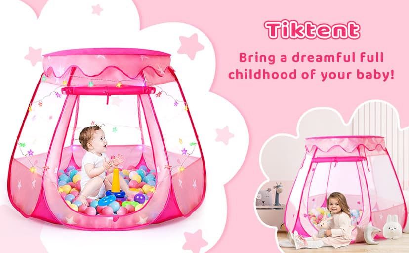 Pop Up Princess Tent with Colorful Star Lights for 1 2 3 Year Old Birthday Gift, 12-18 Months Baby Girl Toys, Foldable Ball Pit with Carrying Bag, Indoor&Outdoor Play Tent for Kids