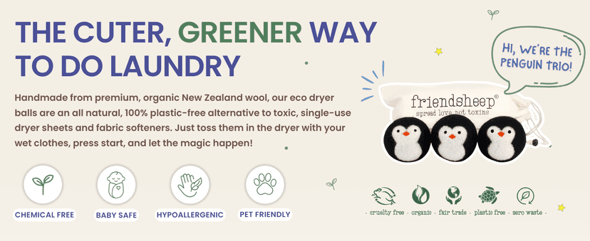 Friendsheep Wool Dryer Balls, Organic Reusable Fabric Softener Alternative for Laundry, Handmade, Fair Trade, Hypoallergenic, Eco-Friendly, Plastic-Free (3 Pack XL – Penguin)