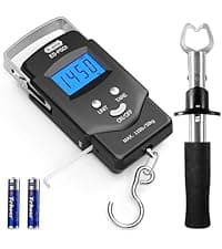 Fish Scale Luggage Scale Fishing Gear - 110lb Backlit LCD Display Digital Scale with Built-in Measuring Tape - Fishing Scale with 2 AAA Batteries, Pocket Size - Fishing Gifts for Men