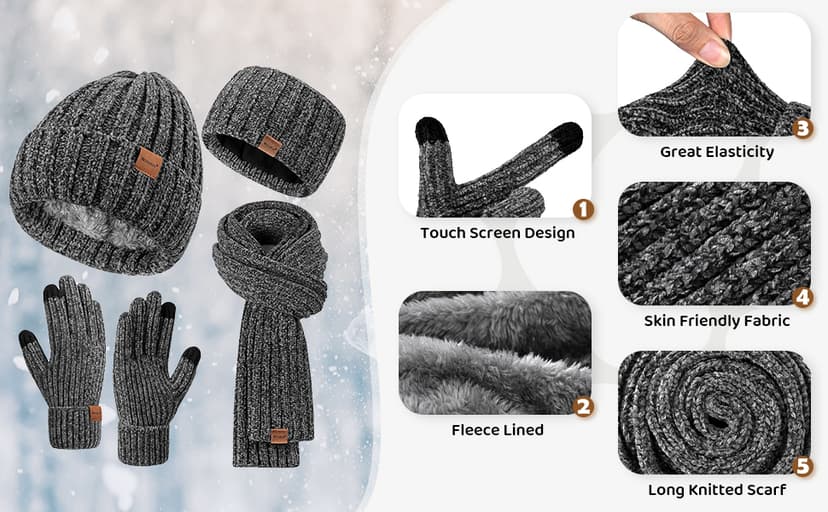 Women Beanie Scarf Gloves Headband Set, Chenille Winter Hats Fleece Lined Ear Warmer Knit Scarf Touchscreen Gloves 4 Gift Set