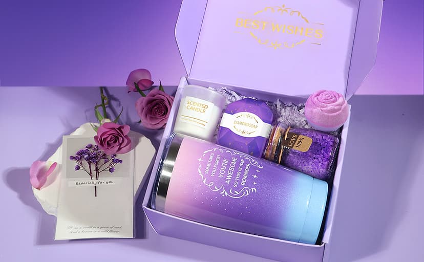 Birthday Gifts for Women, Thank You Gifts for Mom, Gifts for Wife, Girlfriend, Sister, Gift Set Idea for Her Christmas - Purple Gift Basket with 20 Oz Novelty Drinking Glasses