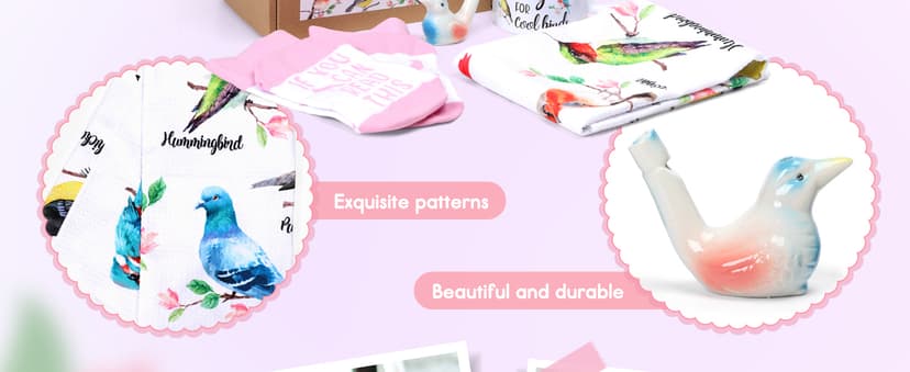 Nefelibata Bird Gifts for Women: 4-in-1 Birds Mug, Socks, Water Whistle, Kitchen Towel - Cardinal, Hummingbird, Kingfisher Birds on Branch