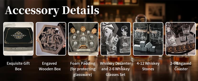 Personalized Whiskey Decanter Set for Men Home Bar Custom Liquor Decanters Wooden Box Whiskey Glasses Set Gifts for Husband Dad Men Cave Christmas Birthday Anniversary Valentine‘s Day