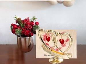 Matashi 24K Gold Plated "Happy Anniversary" Double Heart Table Top Ornament With Red-Cut Crystals