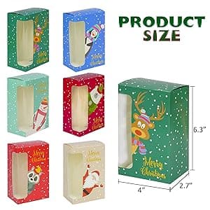 Uptotop Christmas Cookie Boxes, 24 Pcs Small Christmas Party Boxes with 6 Different Designs and Color, Xmas Bakery Pastry Boxes for Pastries, Cupcakes, Brownies, Donuts, 4" x 2.7" x 6.3"