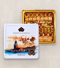 Cerez Pazari Baklava Pastry Gift Set - Turkish Baklava Pastry With Nuts & Spices - Baklava Gift Box From Turkey - Pastry, Halal Snacks - Assorted 45-48 Pieces Per Metal Dessert Box - 1.32 lbs