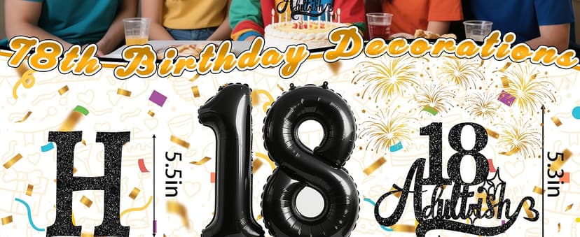 Funny 18th Birthday Decorations for Girls Boys - Glitter 18th Birthday Banner, Adultish Cake Topper &18 Balloon Numbers Set - 18 Years Old Gifts Party Decorations Supplies