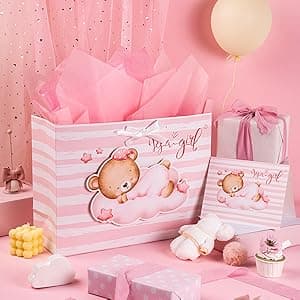 Loveinside Pink Gift Bag with Cross Design, Tissue Paper for Baby Girl Baptisms, Christenings, First Communions Religious Occasion- 10" x 5" x 13", 1 Pcs