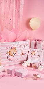 Loveinside Pink Gift Bag with Cross Design, Tissue Paper for Baby Girl Baptisms, Christenings, First Communions Religious Occasion- 10" x 5" x 13", 1 Pcs