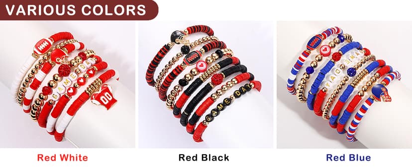 Game Day Bracelets for Women - Red, Black, Blue Heishi Clay Beaded Stretch Bracelets - Stackable Sports Charm Bracelet Bangles - Football Mom Accessories & Outfits Jewelry Gifts