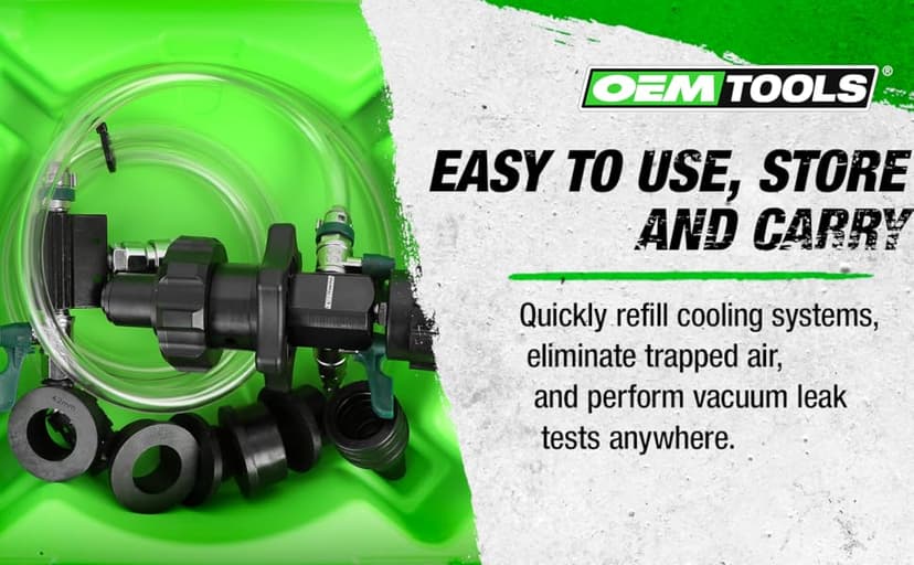 OEMTOOLS 24444 Cooling System Refiller AirEvac Kit, Quickly Refill Cooling Systems, Eliminate Trapped Air, Prevent Engine Damage, Universal Adapter, Leak Test, Includes 5 Bushings & Storage Case
