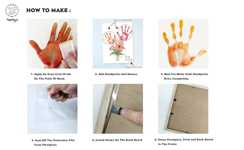 TwoDays Flower Bouquet Handprint Art Craft DIY Kit, Unique Gifts for Mom from Daughter or Son for Mother's Day Birthday Christmas, Gift for Grandma.(12" X 16", with Wood Frame)