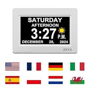 SSYA Digital Calendar Alarm Clock - Dementia Clocks for Seniors, Non-Abbreviated Memory Loss Clock with Date and Time for Elderly (White)