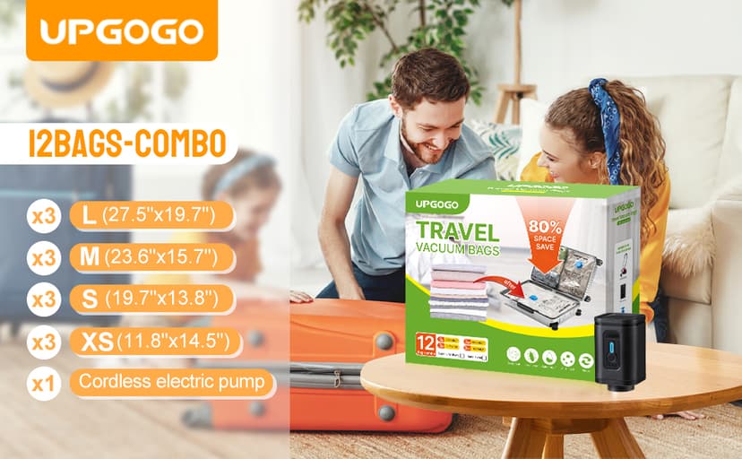Combo 12 Pack Travel Vacuum Bags with Portable Electric Pump, Space Saver Vacuum Storage Bags for Clothing and Luggage, Travel Essentials