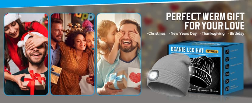 Christmas Stocking Stuffers for Men Adults, Beanie Hats with Light, USB Rechargeable LED Hand Free Headlamp, Birthday Gifts for Men, Women, and Teens, Ideal for Camping, Hiking, Red