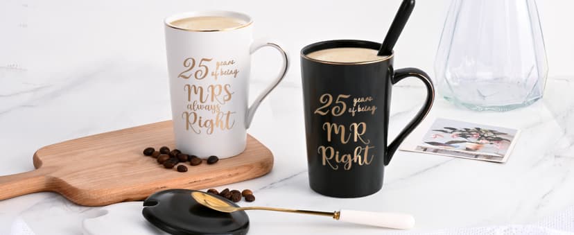 YHRJWN 25th Anniversary Presents, 25th Wedding Anniversary Presents for Couple Parents, 25th Mr Right Mrs Always Right Coffee Mugs, His and Hers Gifts, 14 Oz with Lids, Spoons and Gift Box