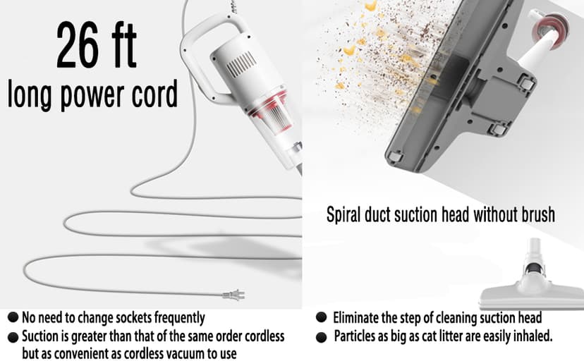 Stick Corded Handheld Vacuum Cleaner 26ft Cord Electric Broom for Pet Hair Hardwood Floor Cat Litter Cleaning