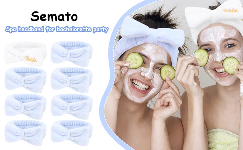 Semato Bachelorette Party Favor Set - Bride & Bridesmaid Spa Headbands (1 Bride + 7 Blue)